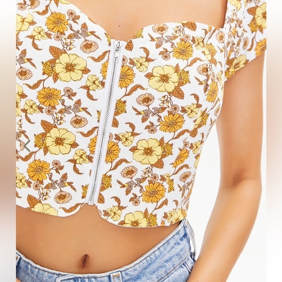 Forever 21 Yellow White Retro Floral Linen Blend Zip Crop Top- Size Large - Picture 6 of 16